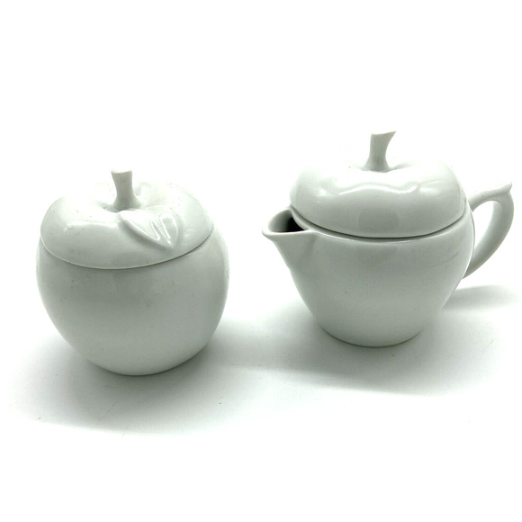 Vintage Apple Sugar and Creamer Set with Lids White Porcelain Avon - Picture 1 of 9